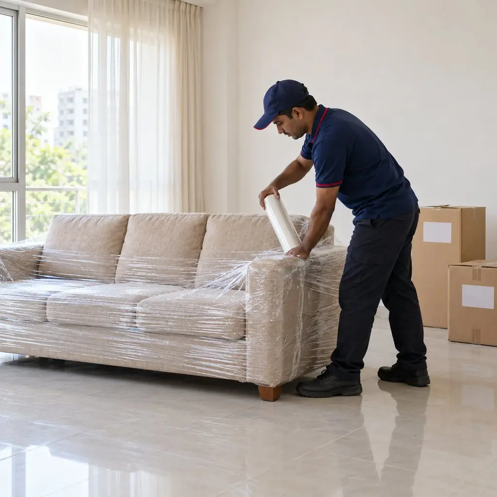 Illustration: packers wrapping furniture in a home