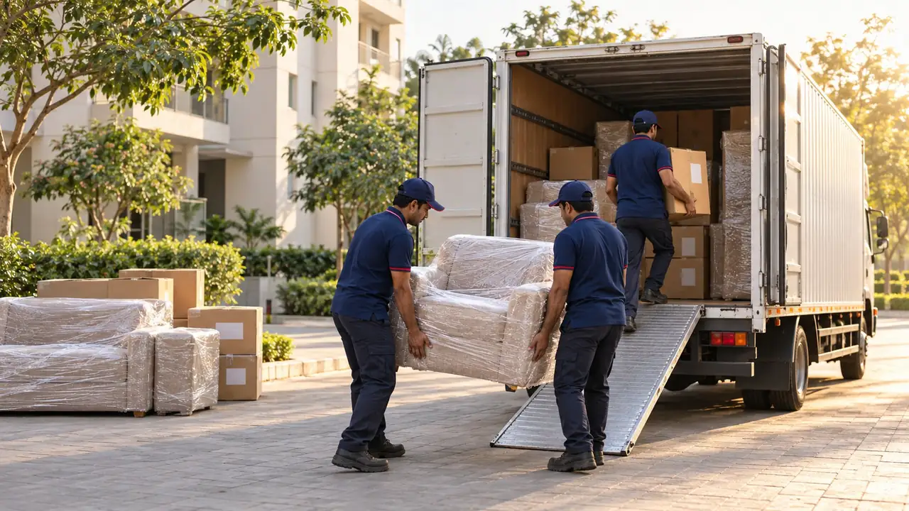 Illustration: a moving crew loading wrapped furniture and cartons into a covered truck