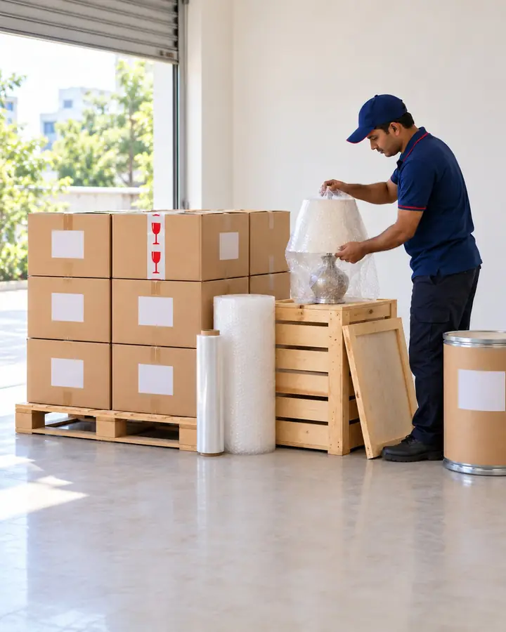 Illustration: cartons, a crate and bubble wrap ready for packing