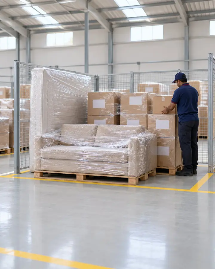 Illustration: wrapped goods in a storage bay