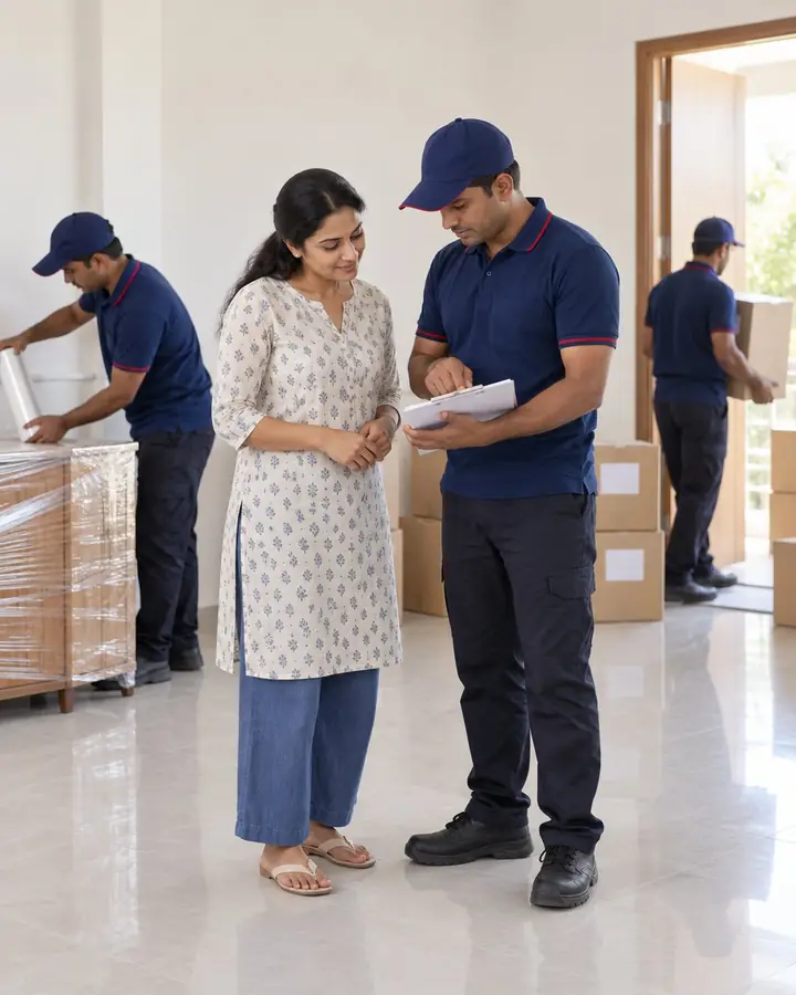Illustration: a supervisor going through a moving plan with a customer