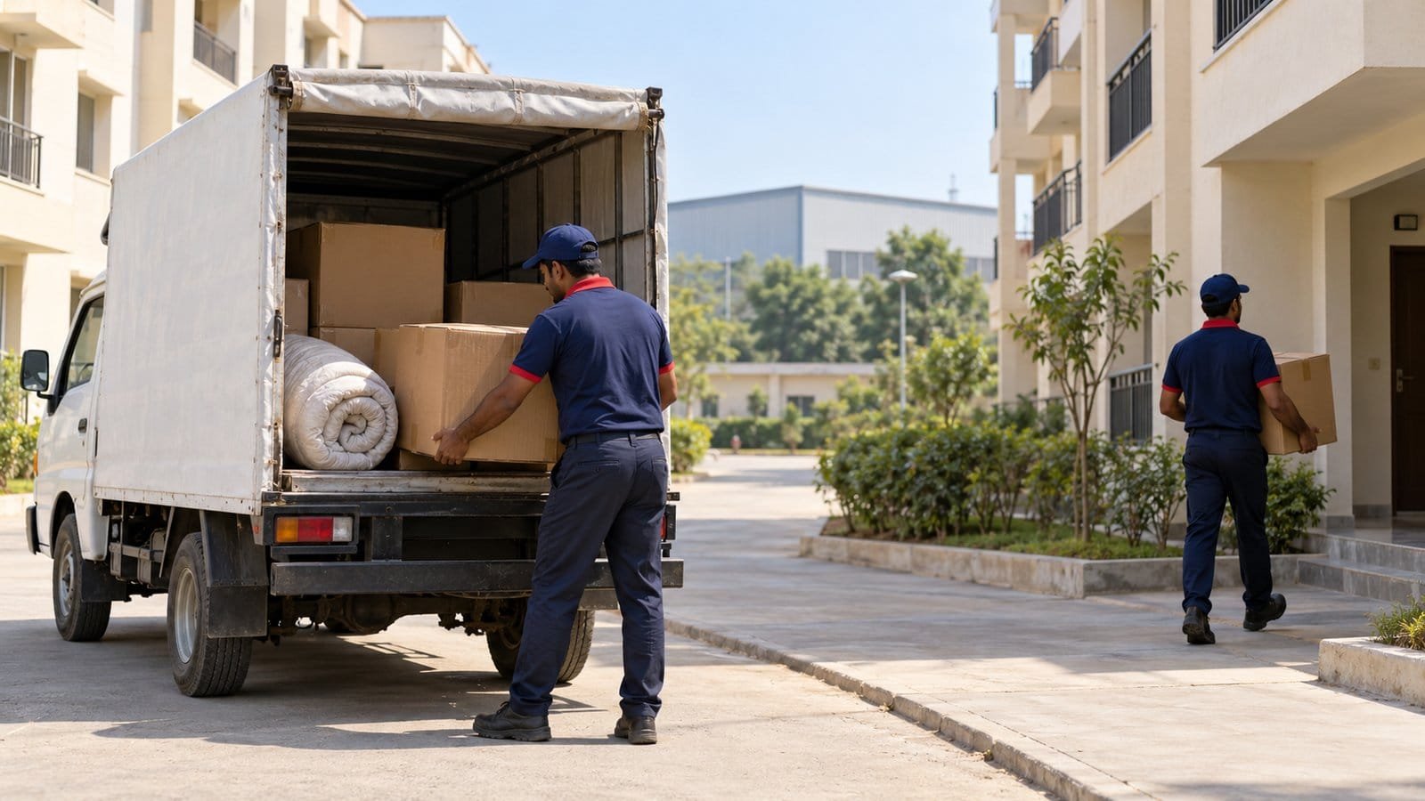 Unbranded illustration of a worker's small rented room with a bed frame, a few cartons and a cooler being loaded onto a small pickup-style truck