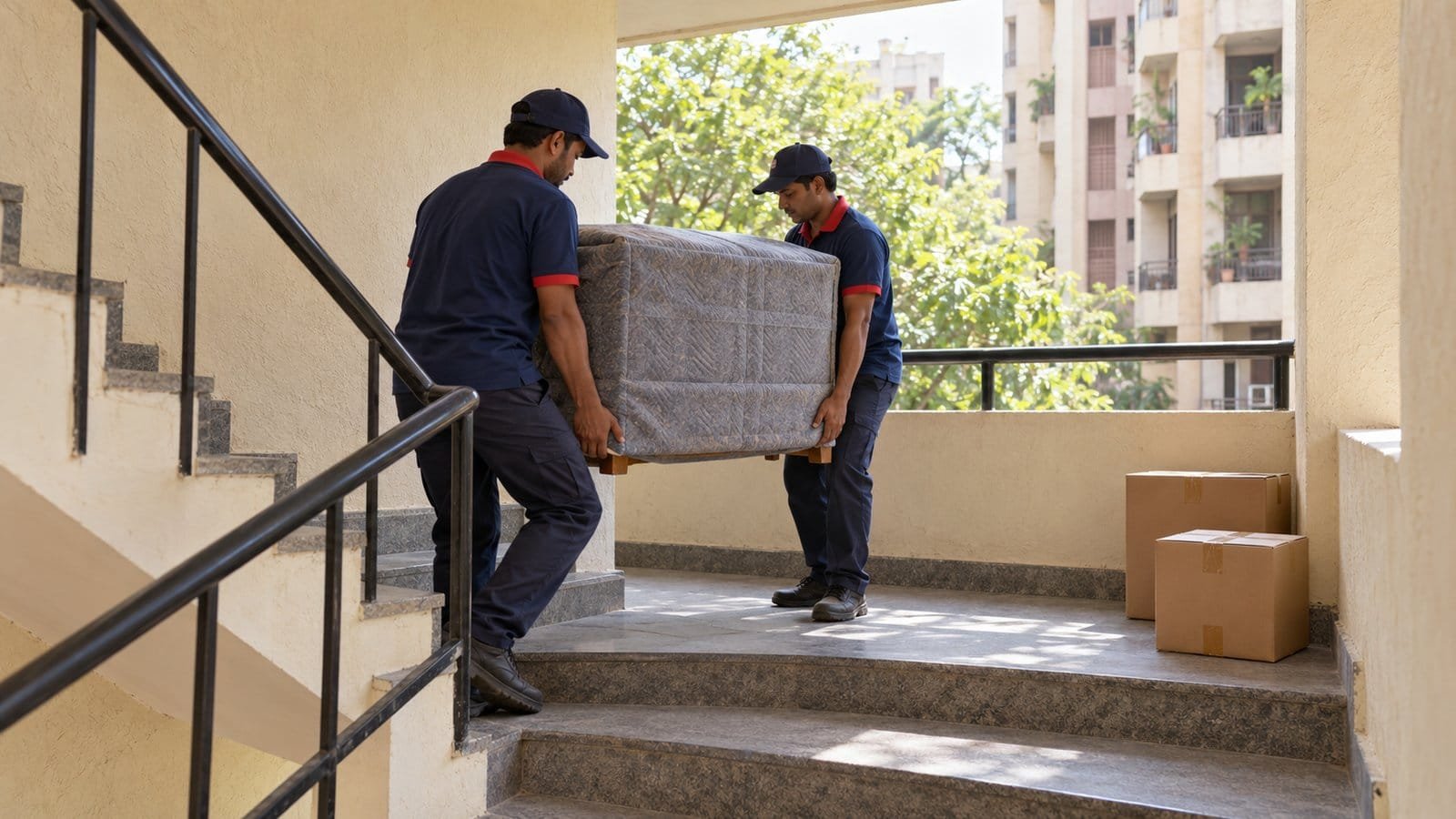 Unbranded illustration of a low-rise apartment block with a covered moving truck parked at the entrance and cartons waiting on the pavement