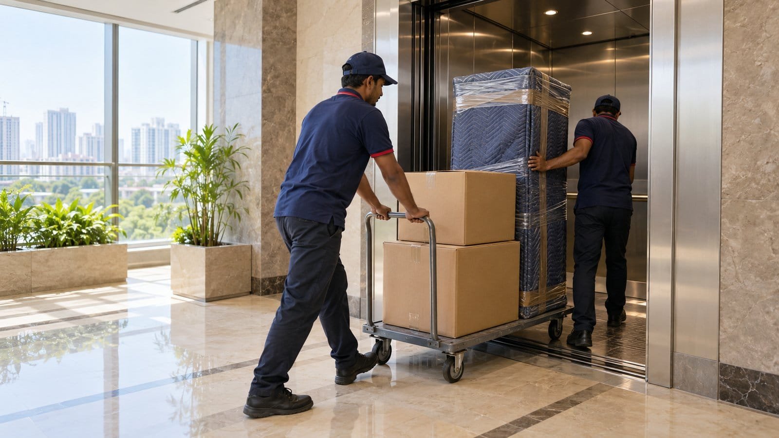 Unbranded illustration of a moving crew carrying cartons through the lobby of a tall residential tower