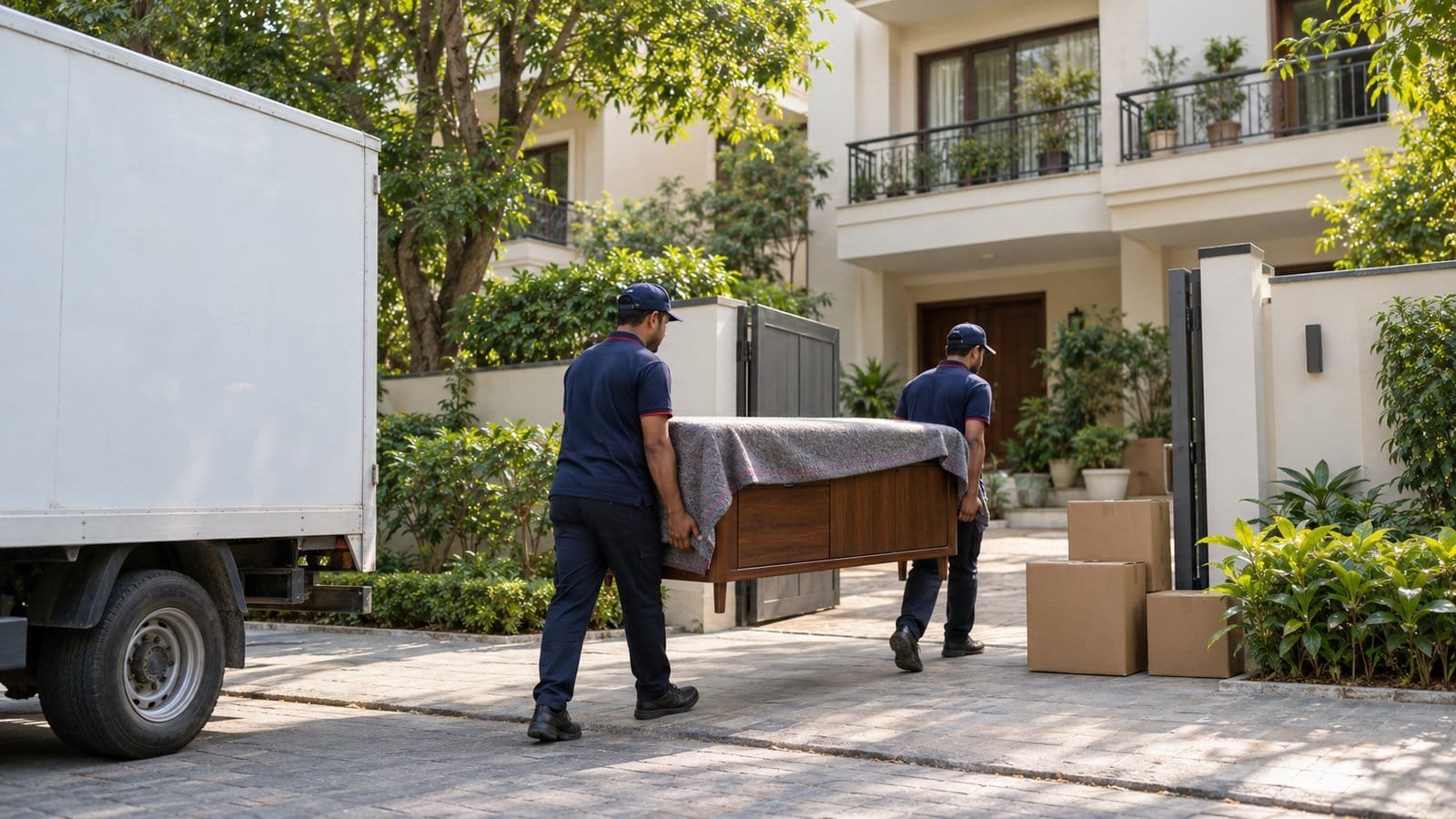 Unbranded illustration of a small moving truck on a tree-lined residential lane with a house on each side