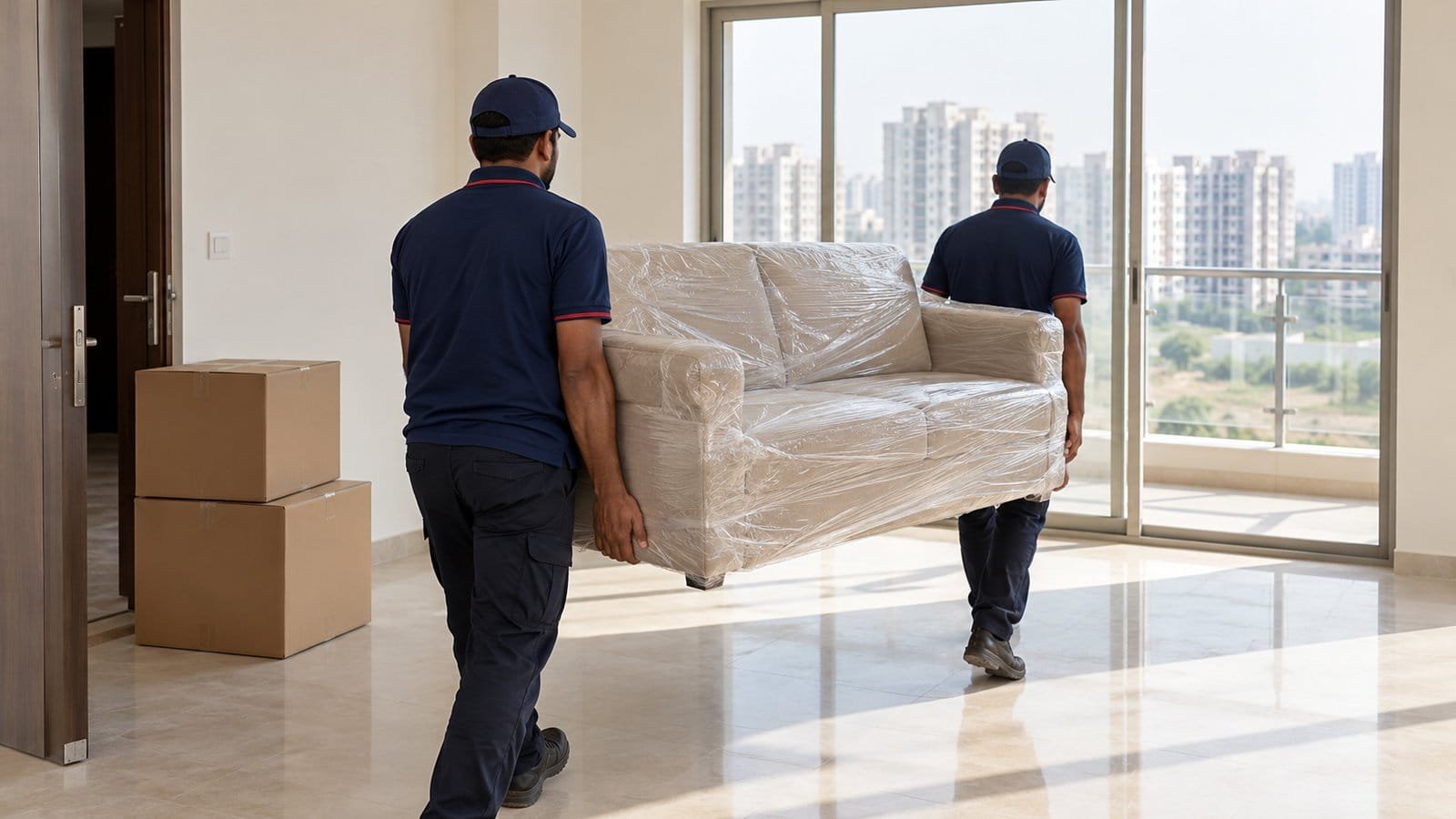 Unbranded illustration of a family at the door of an empty new apartment with carton boxes stacked in the corridor