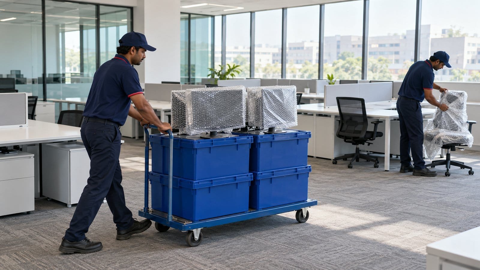 Unbranded illustration of office desks, monitors and labelled crates being loaded onto a truck outside a commercial building