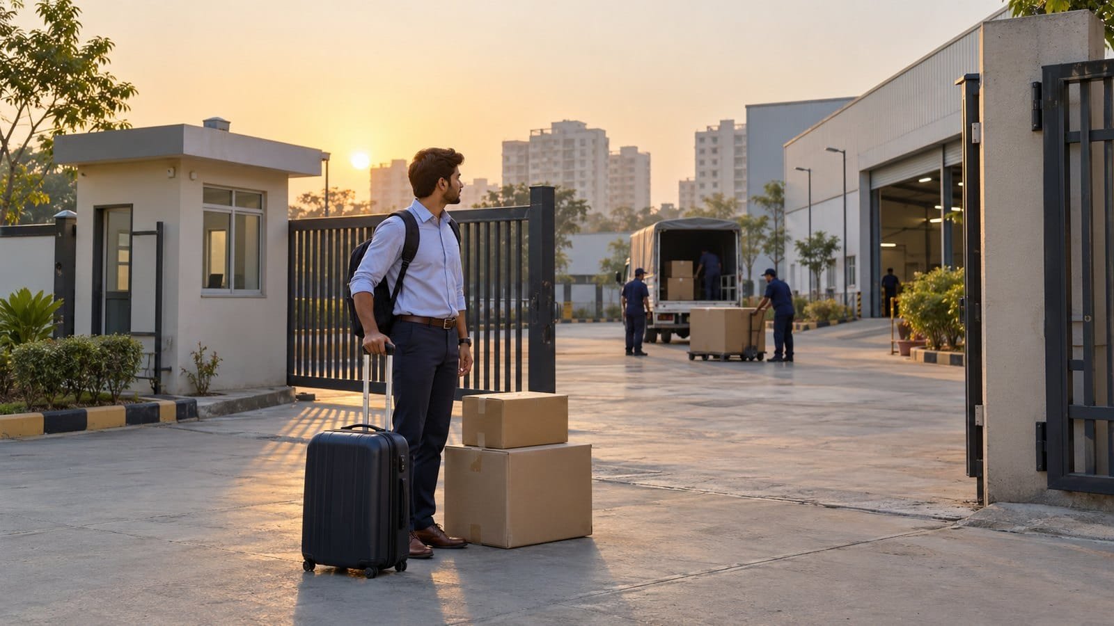 Unbranded illustration of a young engineer with a suitcase and two cartons standing at the gate of a low factory complex at sunrise, with a few apartment blocks beyond