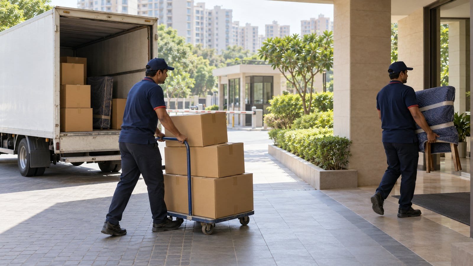 Unbranded illustration of a moving truck on a busy multi-lane road with apartment towers in the background
