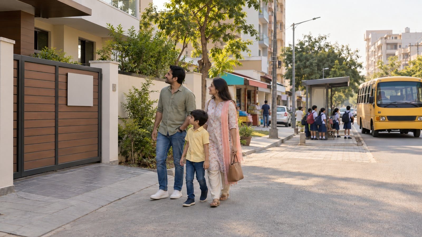 Unbranded illustration of a young family walking along a quiet residential street, looking at a house with a to-let board, with a school bus stop and small shops in the background