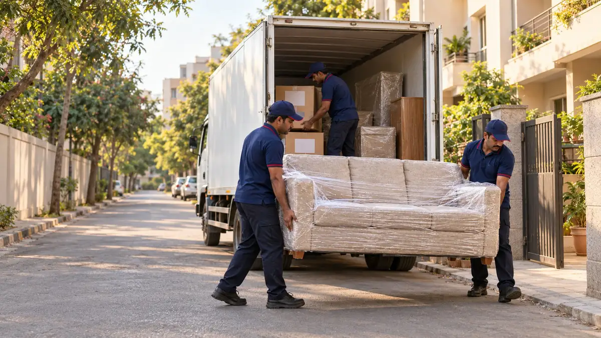 Illustration: a crew unloading cartons from a truck outside an apartment block