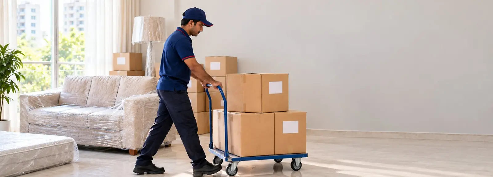 Illustration: sealed cartons stacked in a living room, ready for a move