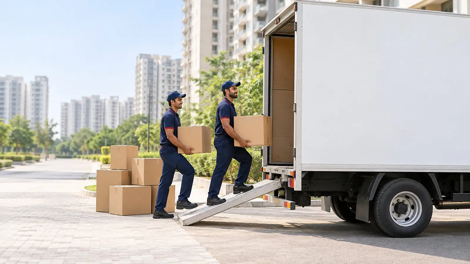 Illustration: a moving crew packing and loading household goods