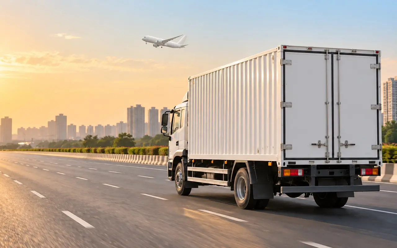 Illustration: a white truck driving on an expressway with a city skyline behind