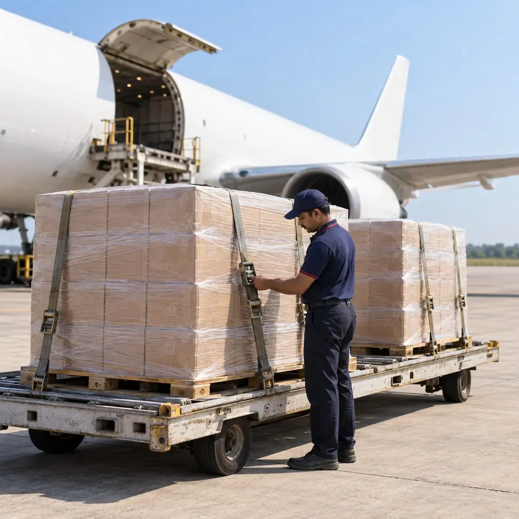 Illustration: wrapped pallets of cartons on a cargo dolly beside a plain white cargo aircraft