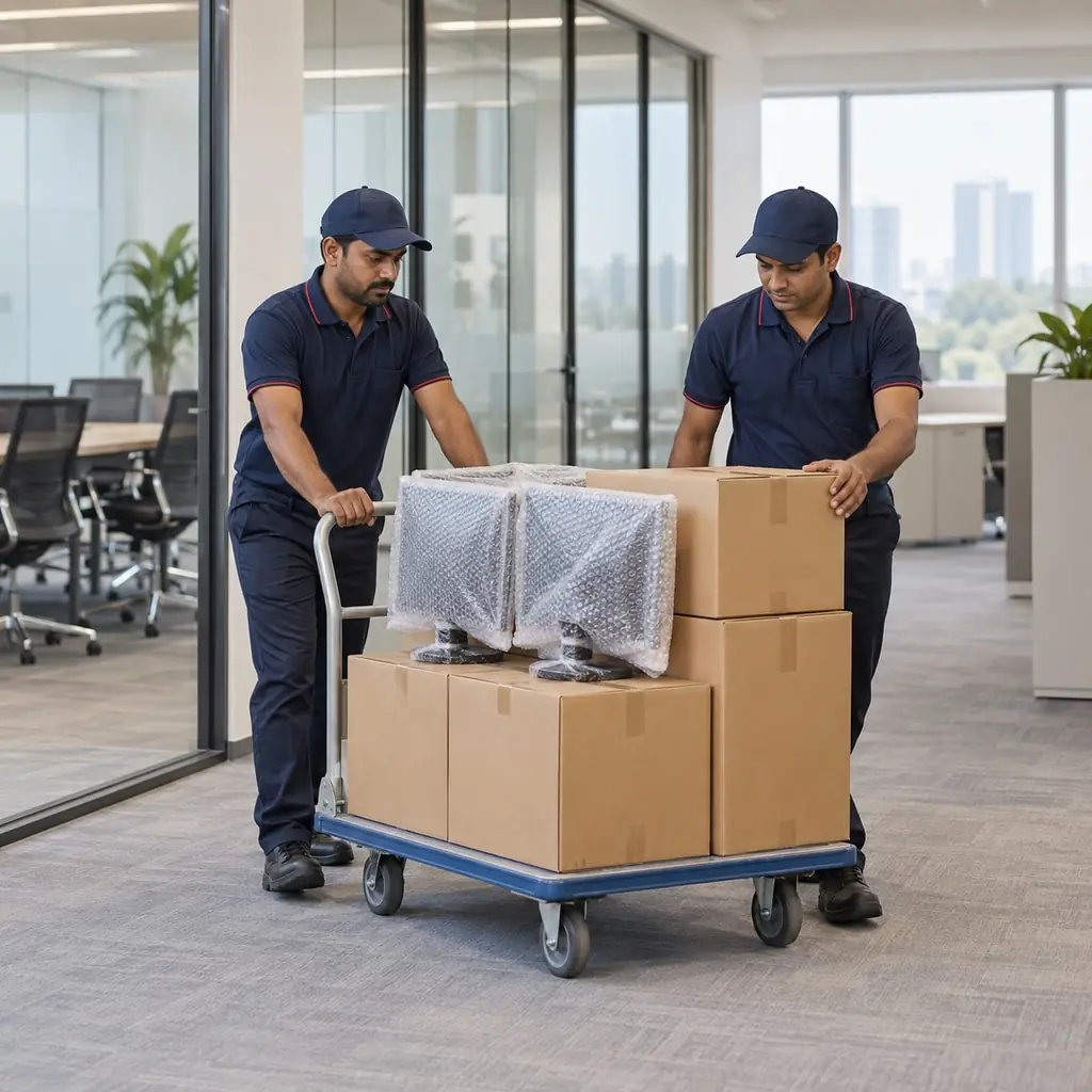 Illustration: two movers wheeling sealed cartons and wrapped monitors across an office floor