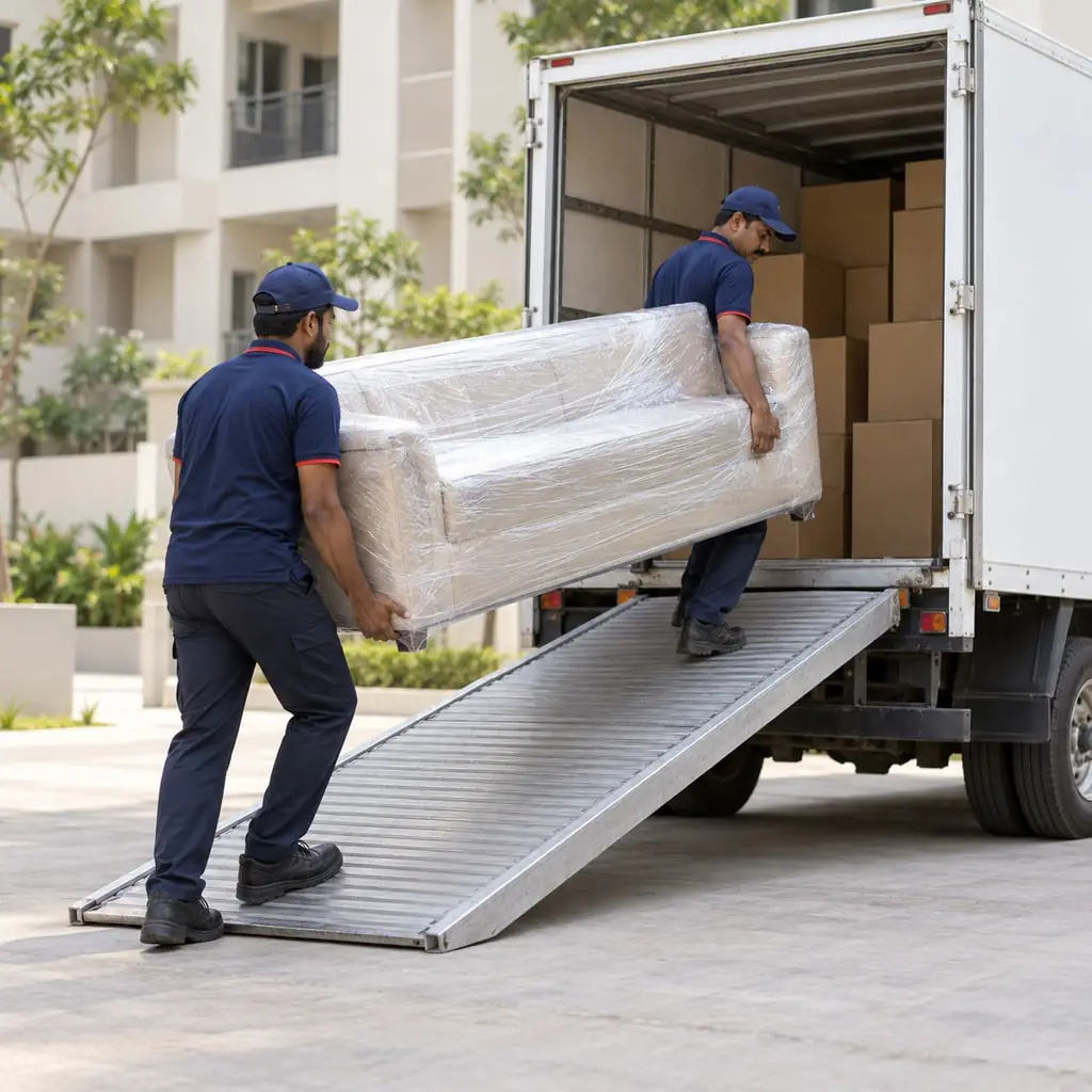 Illustration: two movers carrying a wrapped sofa up a ramp into a white truck