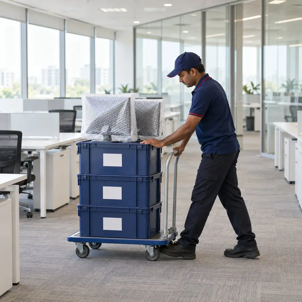 Illustration: crates and wrapped monitors in an office