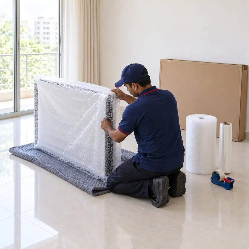 Illustration: a packer wrapping a television