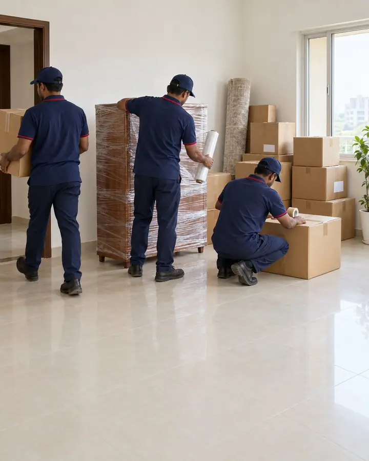 Illustration: a moving crew carrying and labelling cartons
