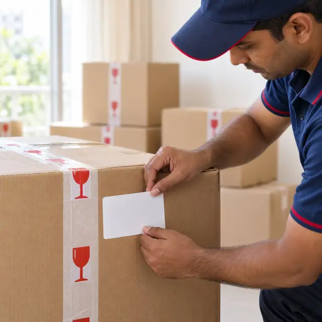 Illustration: a packer writing an item number on a carton label
